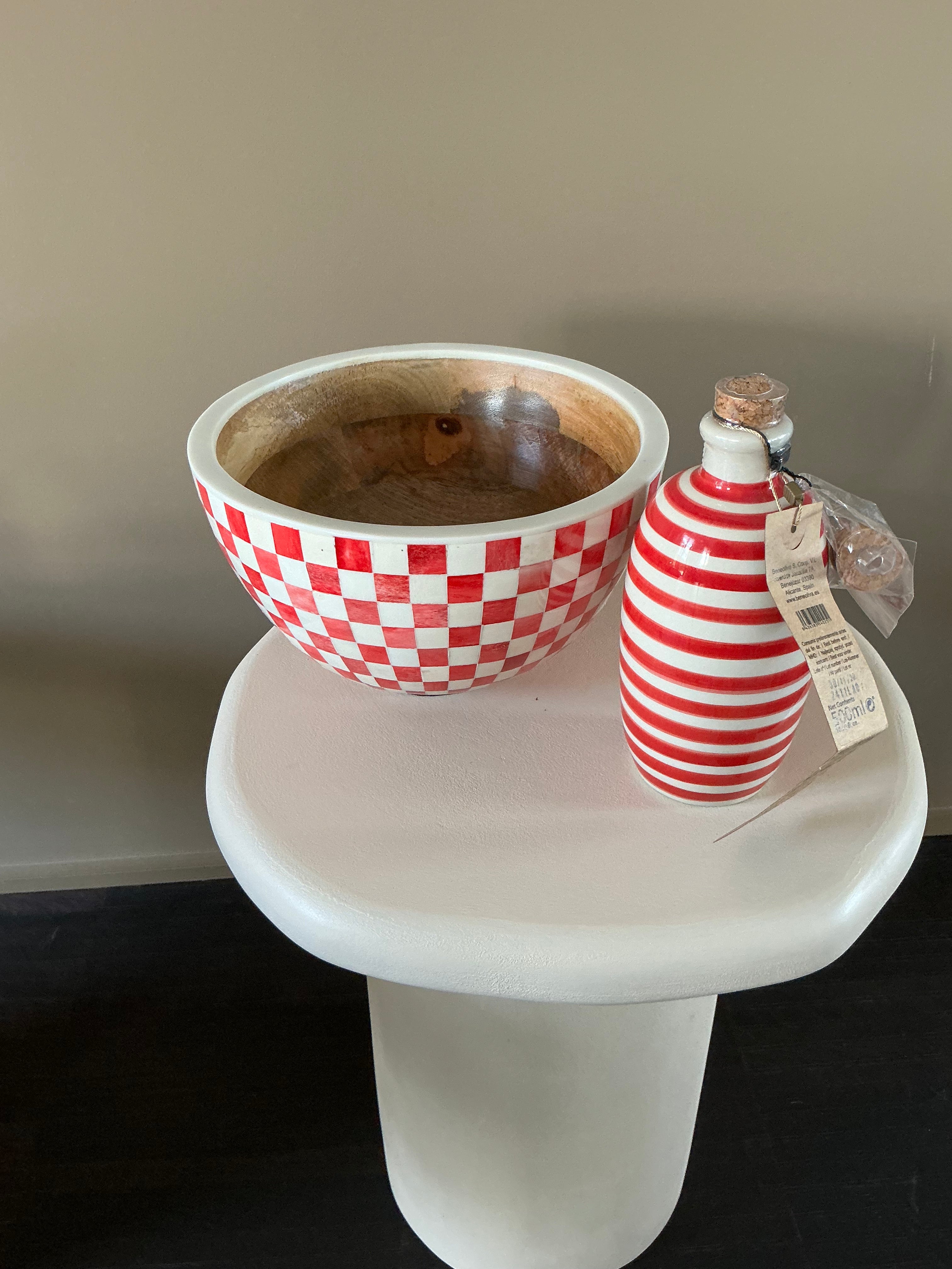Large red-and-white checkered salad bowl