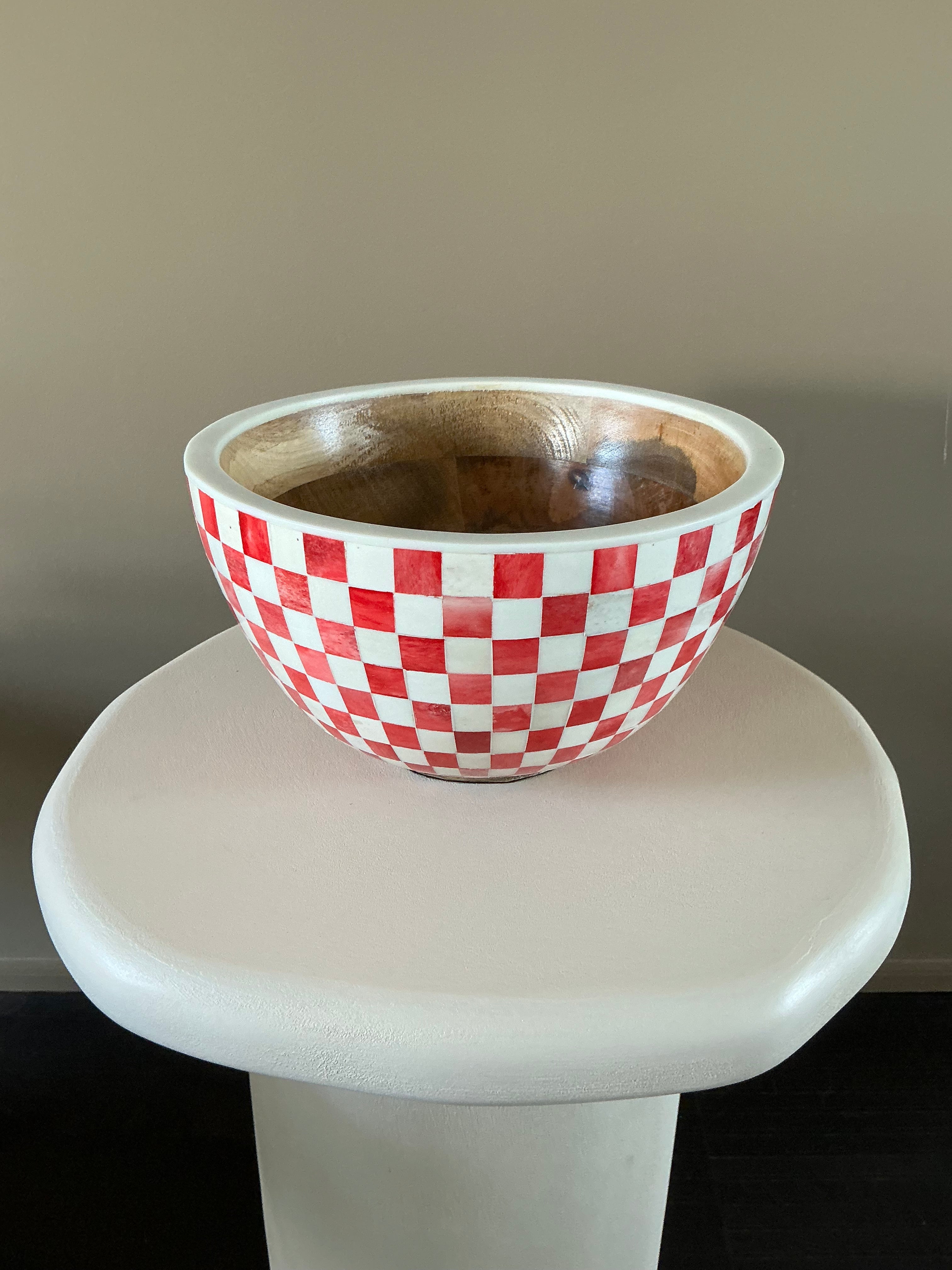 Large red-and-white checkered salad bowl