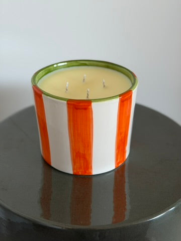 Striped orange vegetable wax candle L (200 hours burn time)