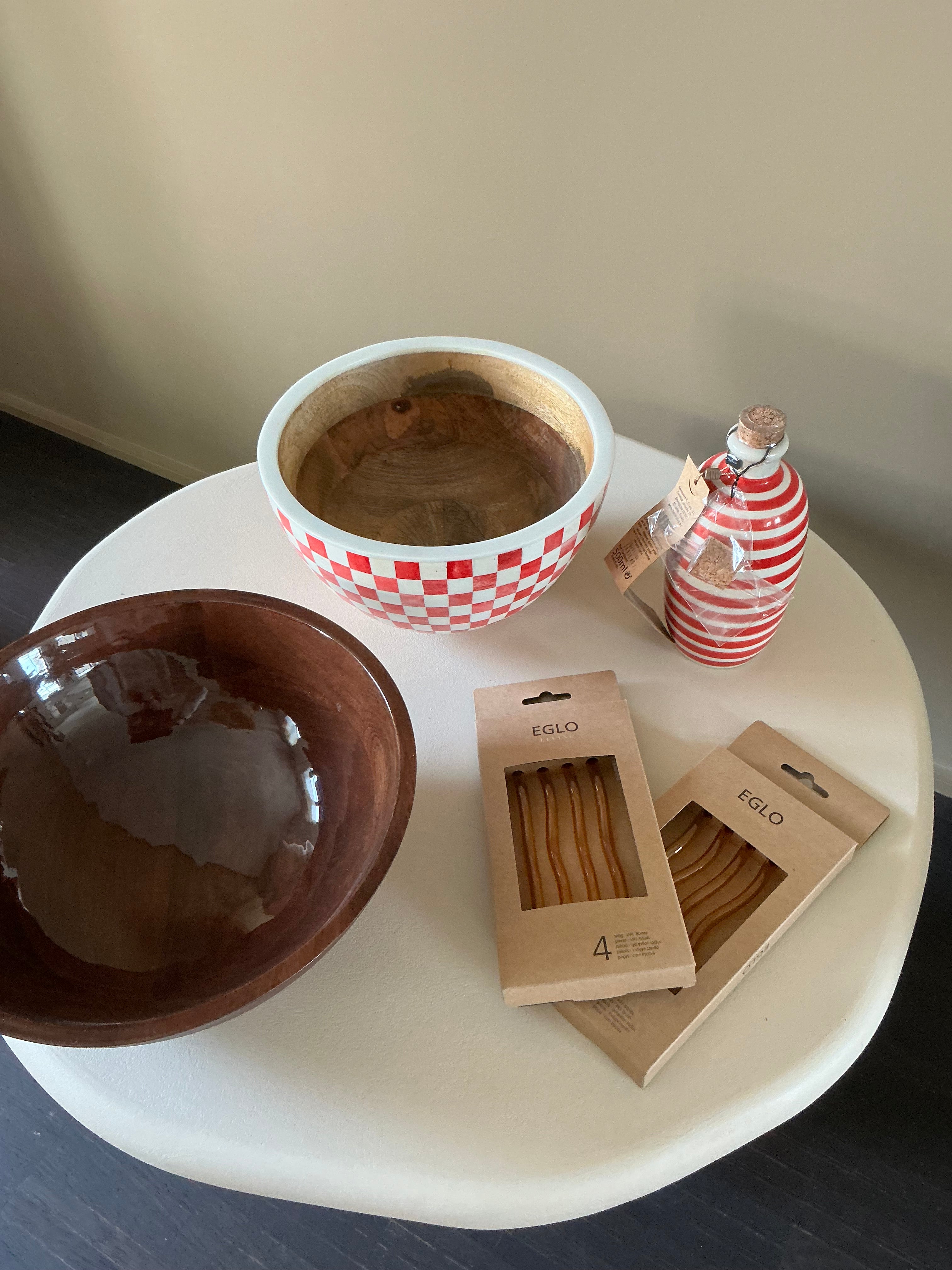 Large red-and-white checkered salad bowl