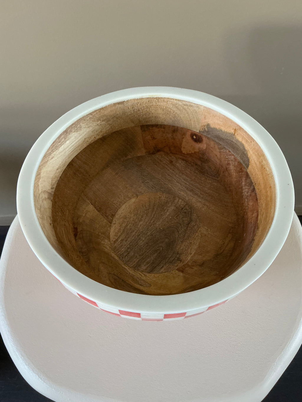 Large red-and-white checkered salad bowl