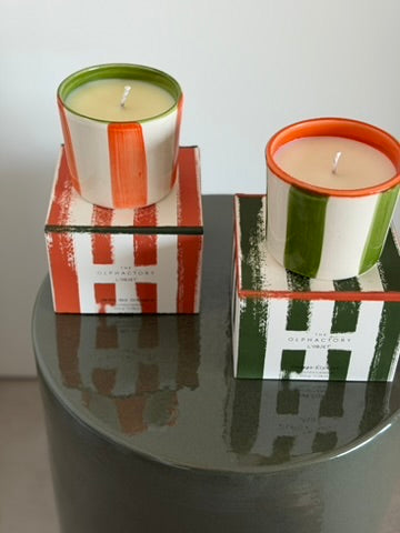 Orange or green striped vegetable wax candle S (70 hours burn time)
