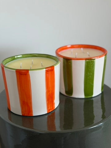 Striped green vegetable wax candle L (200 hours burn time)