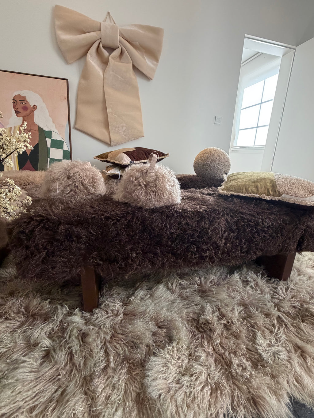 Tibetan lamb wool bench beige or brown (138.5 × 40.5 × 44 cm)