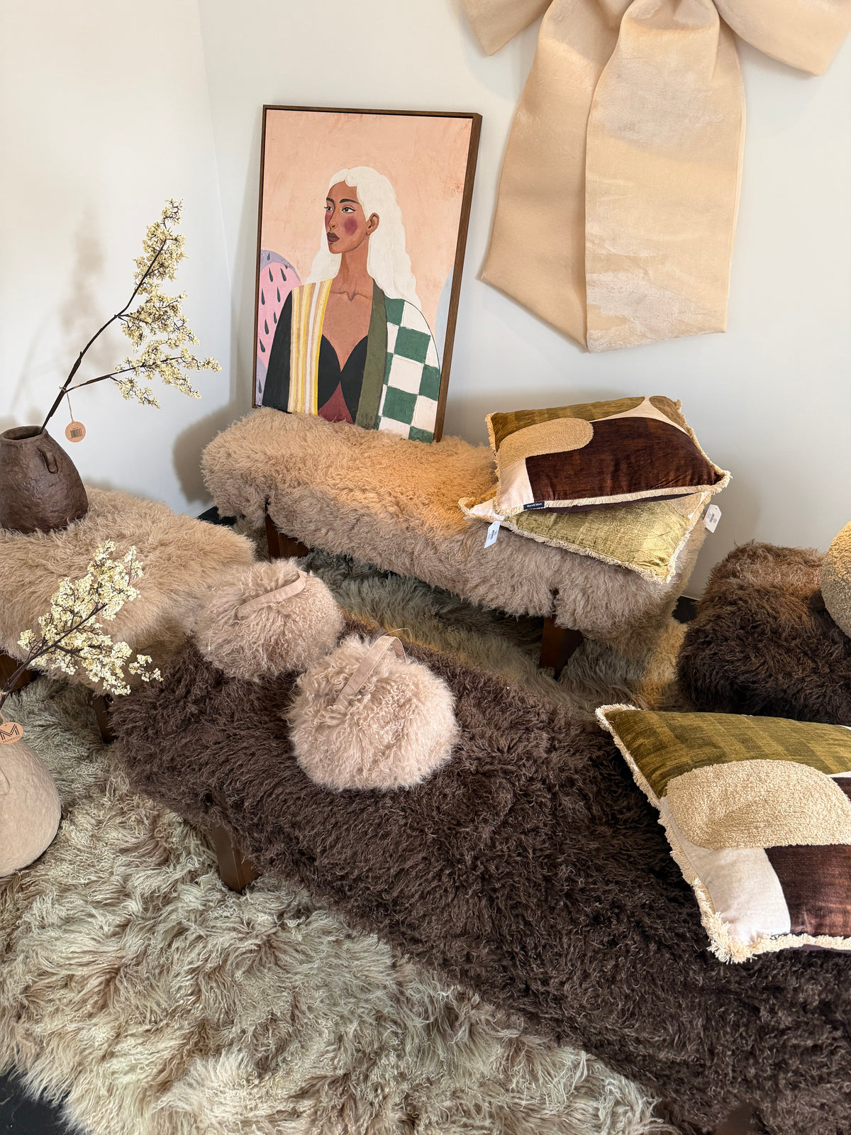 Tibetan lamb wool bench beige or brown (138.5 × 40.5 × 44 cm)